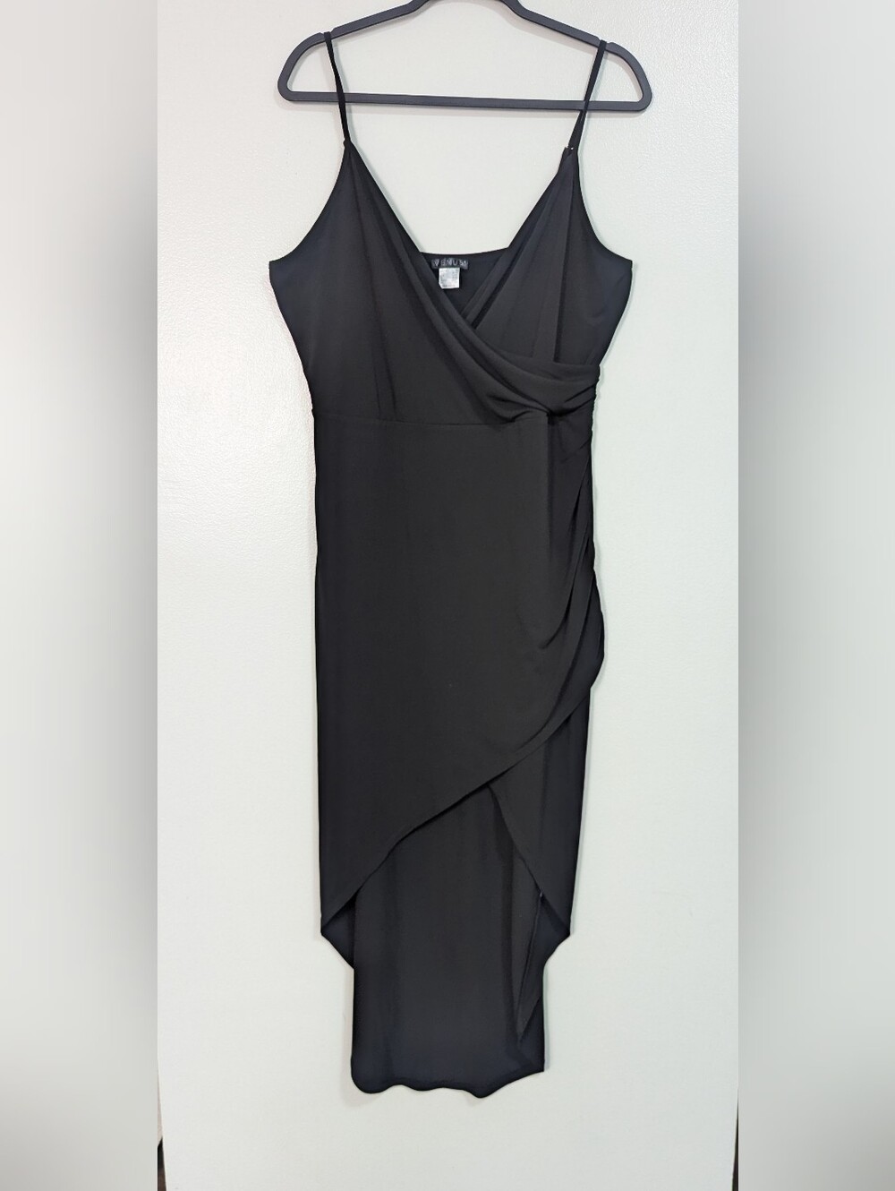 Venus Size XL Black Ruched Faux Wrap Asymmetrical Midi Dress